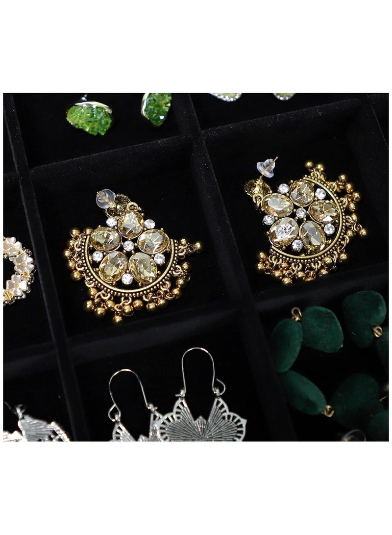 سوفام صندوق مجوهرات صندوق منظّم المجوهرات، صندوق منظّم أسود مخملي 24 شبكة مجوهرات القرط الدائري حقيبة عرض، معرض منظّم، مع غطاء زجاجي شفاف للدرج المنزلي أو متجر البيع - Image 5